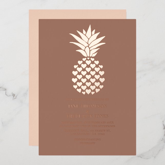 Mocha & Rose Gold Tropical Pineapple Wedding Foil Invitation (Front/Back)