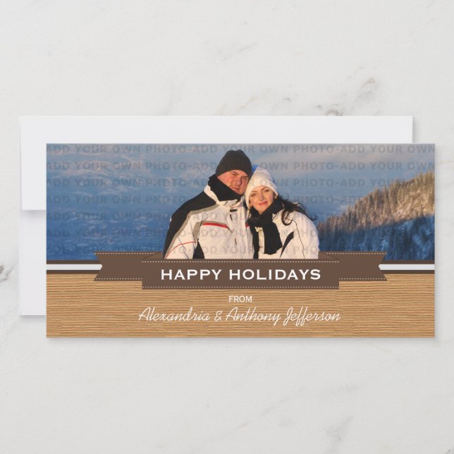 Mocha Rustic Banner Holiday Photo Card (Front)