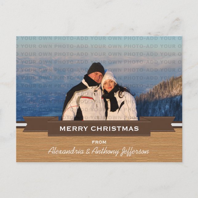 Mocha Rustic Banner Holiday Photo Postcard (Front)