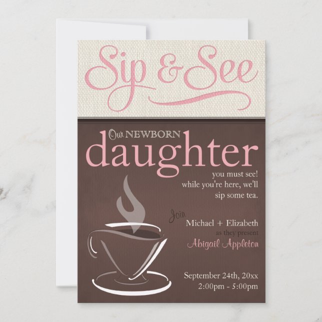 Mocha Rustic New Baby Sip & See Party Invitations (Front)