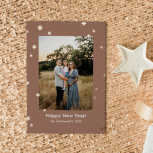 Mocha Simple Shiny Stars One Photo Happy New Year Foil Holiday Card