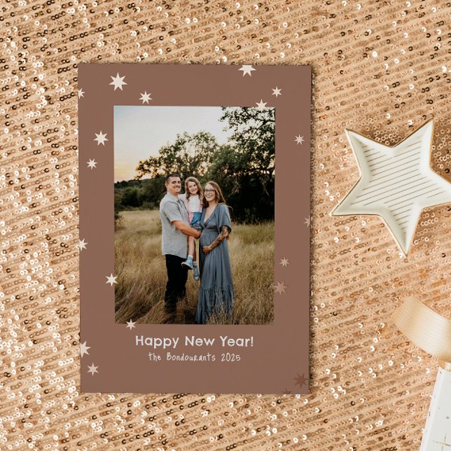 Mocha Simple Shiny Stars One Photo Happy New Year Foil Holiday Card (Creator Uploaded)
