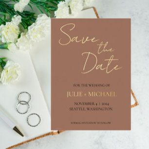 Mocha Simple Style Wedding Save the Date Foil Invitation