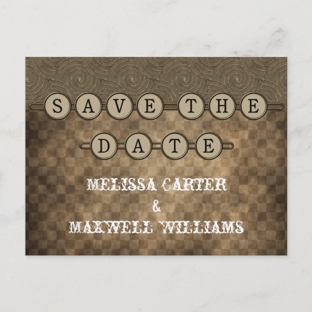 Mocha Steampunk Keys Save the Date Postcard (Front)