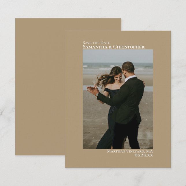 Mocha Tan Vertical Photo Minimalist Wedding Save The Date (Front/Back)