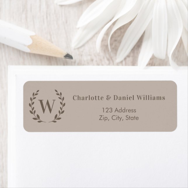 Mocha taupe monogram initial wreath return address label (Insitu)