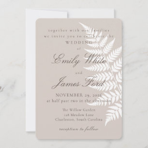 Mocha Taupe White Fern 5x7 Botanical Wedding Invitation