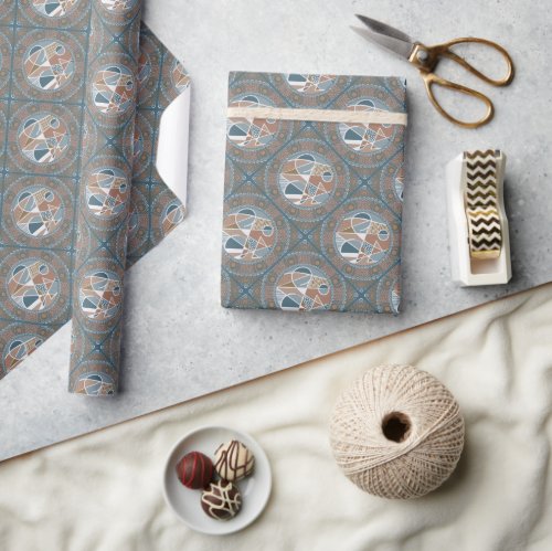 Mocha &amp; Teal Abstract Accent Mandala Diamond Tile Wrapping Paper
