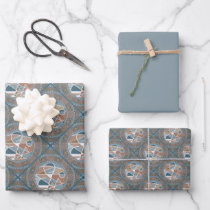 Mocha & Teal Abstract Accent Mandala Diamond Tile Wrapping Paper Sheets