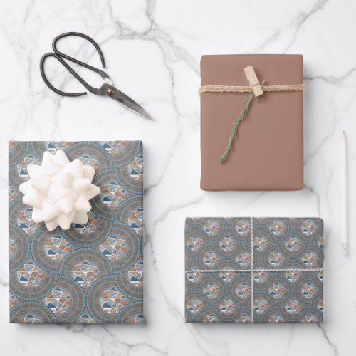 Mocha &amp; Teal Abstract Accent Mandala Ogee Scallops Wrapping Paper Sheets
