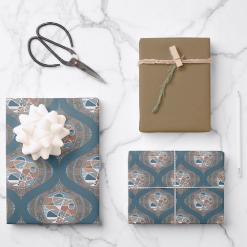 Mocha &amp; Teal Abstract Accent Mandala Retro Ogee Wrapping Paper Sheets