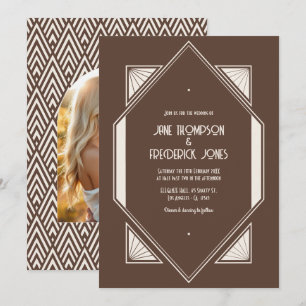 Mocha Truffle & Cream Silk Art Deco Wedding Photo Invitation