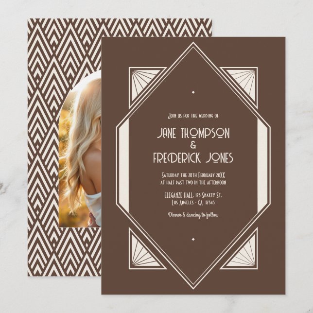 Mocha Truffle & Cream Silk Art Deco Wedding Photo Invitation (Front/Back)