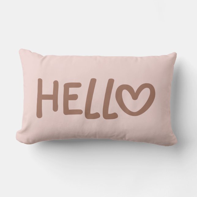 Mocha Whimsical Heart Typography Hello Lumbar Pillow (Front)