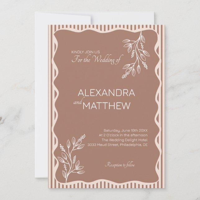 Mocha Whimsical Wavy Border Wedding Invitation (Front)