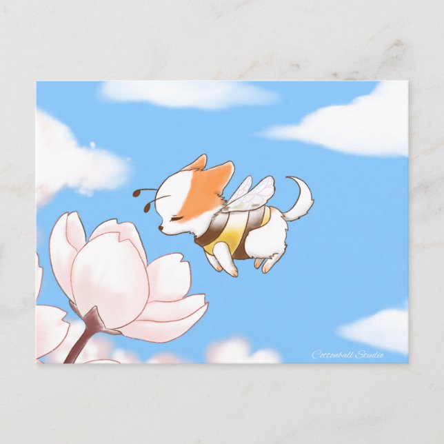 Mochi Bee Cute Puppy Smelling the Flowers Sakura Postcard (Front)