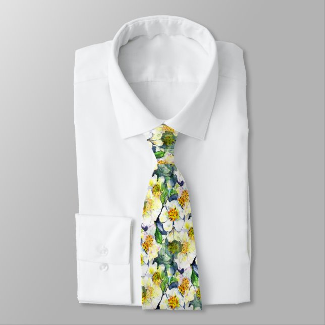 Mock Orange Seamless Floral Pattern Neck Tie (Tied)