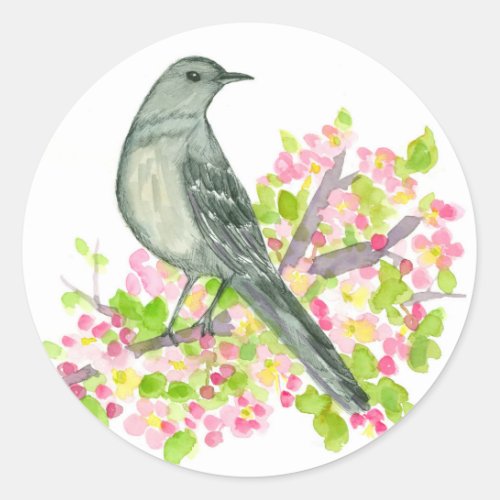 Mockingbird Apple Blossom Watercolor Flowers Classic Round Sticker