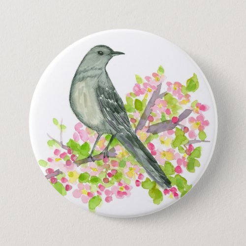 Mockingbird Apple Blossoms Flowering Tree Button