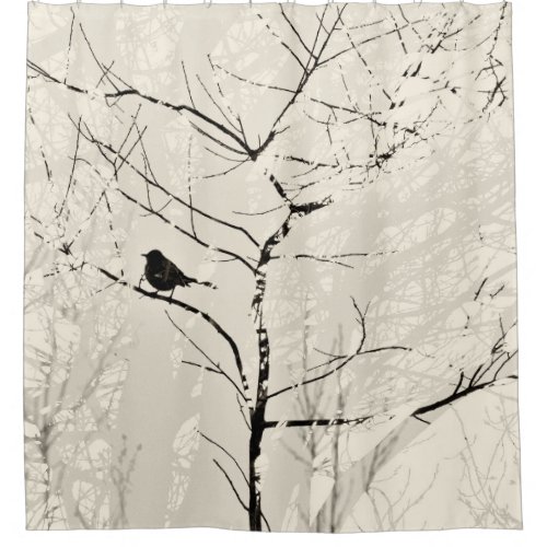 Mockingbird in Silhouette Trees Almond Black Shower Curtain