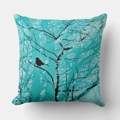 Mockingbird in Tree Branch Turquoise Throw Pillow