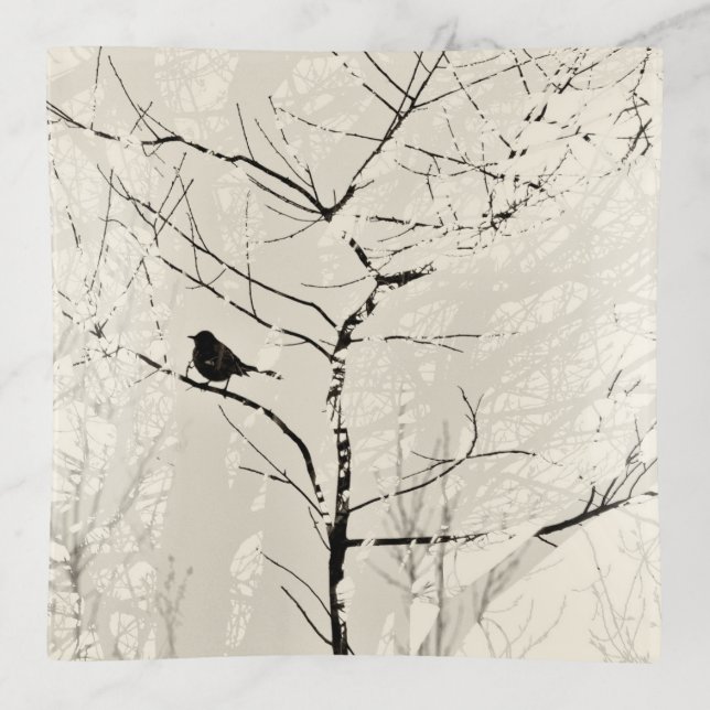 Mockingbird in Tree Cream White Black Neutral Trinket Tray (Front)
