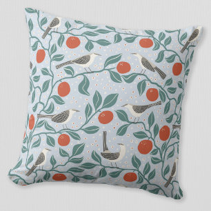 Mockingbird Orange Blossom Bird Flower Blue Throw Pillow