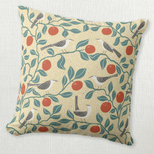 Mockingbird Orange Blossom Bird Flower Pale Yellow Throw Pillow