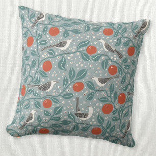 Mockingbird Orange Blossom Bird Flower Sage Green Throw Pillow