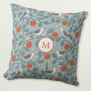 Mockingbird Orange Blossom Bird Green Monogram Throw Pillow