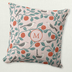 Mockingbird Orange Blossom Bird Pink Monogram Throw Pillow