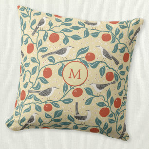 Mockingbird Orange Blossom Bird Yellow Monogram Throw Pillow