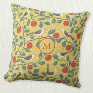 Mockingbird Orange Blossom Bird Yellow Monogram Throw Pillow