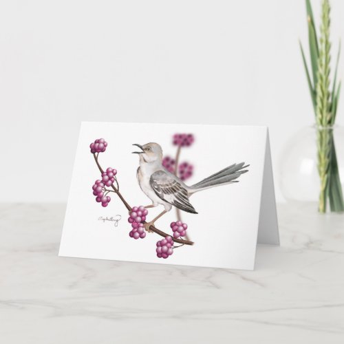 Mockingbird Singing on a Branch with Berries Card