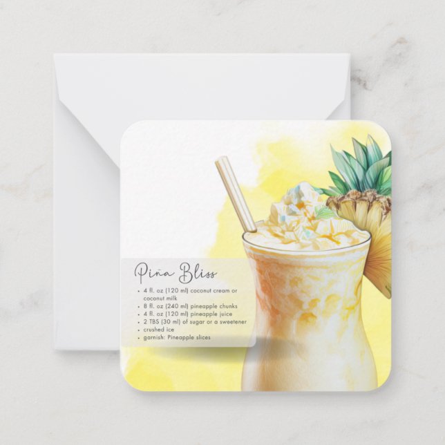 Mocktail Recipe Piña Colada Party Favor  Note Card (Back)