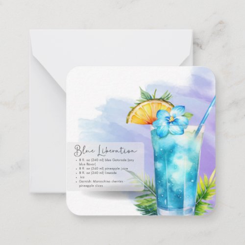 Mocktail Recipe Virgin Blue Lagoon Party Favor  Note Card