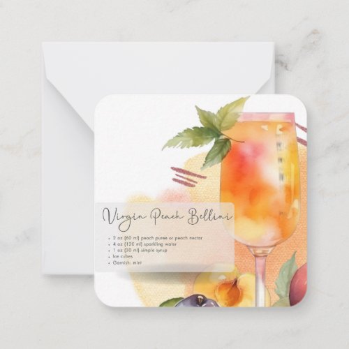 Mocktail Recipe Virgin Peach Bellini Party Favor  Note Card