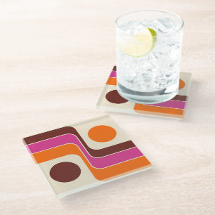 Mod 1970s Retro Style Geometric Design Glass Coaster