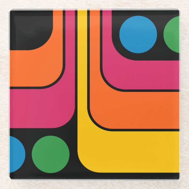Mod 1970s Retro Style Geometric Design Glass Coaster (Front)
