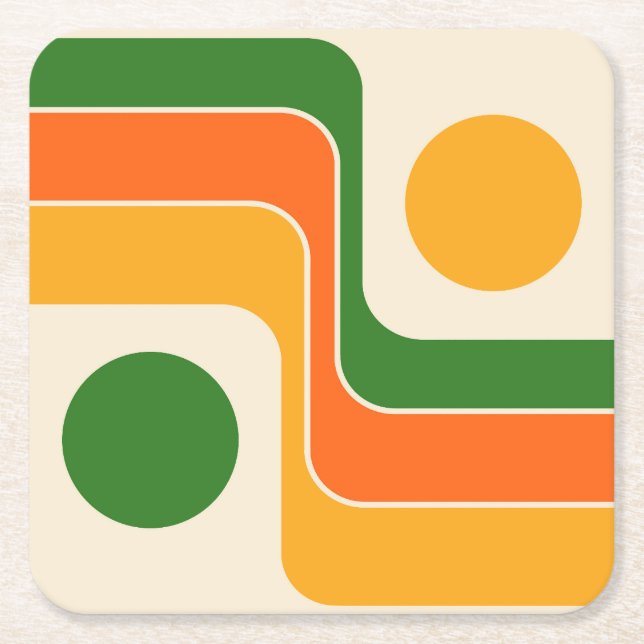 Mod 1970s Retro Style Geometric Design Square Paper Coaster (Front)