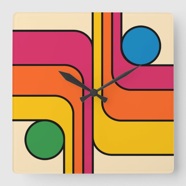 Mod 1970s Retro Style Geometric Design Square Wall Clock (Front)