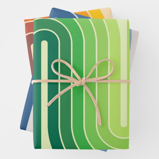 Mod 1970s Retro Style Geometric Design Wrapping Paper Sheets (In situ)