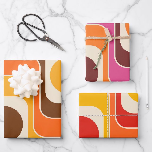 Mod 1970s Retro Style Geometric Design Wrapping Paper Sheets (Front)