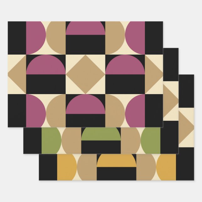 Mod 1970s Retro Style Geometric Design Wrapping Paper Sheets (Set)