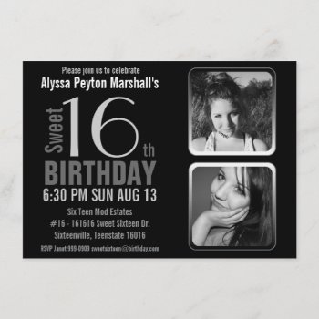 Mod 2 Photos Black And White Sweet 16 Birthday Invitation by PartyHearty at Zazzle