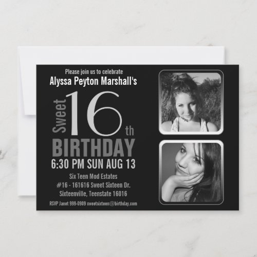 Mod 2 Photos Black and White Sweet 16 Birthday Invitation