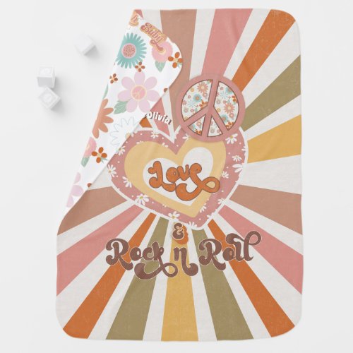 Mod 70s Retro Hippie Floral Peace Love Rock n Roll Baby Blanket