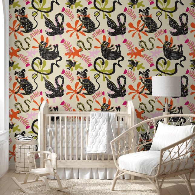 Mod Abstract Primitive Cats & Dogs Pattern Wallpaper (Kids)