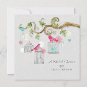 Mod Bird Cage Mason Jar Heart Floral Bridal Shower Invitation