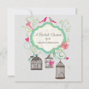 Mod Bird Cage Mason Jar Heart Floral Bridal Shower Invitation